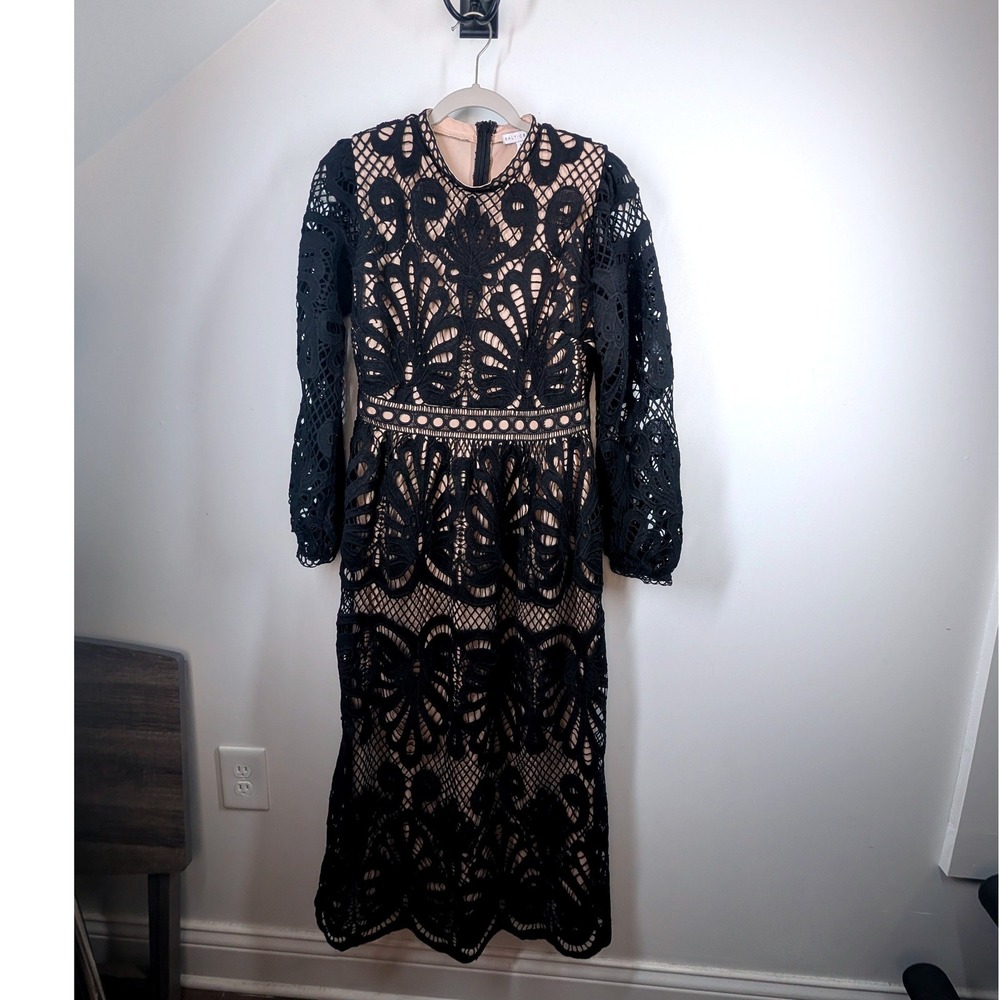 Baltic Born Black Lace Midi Dress with Nude Lining - Picture 2 of 9
